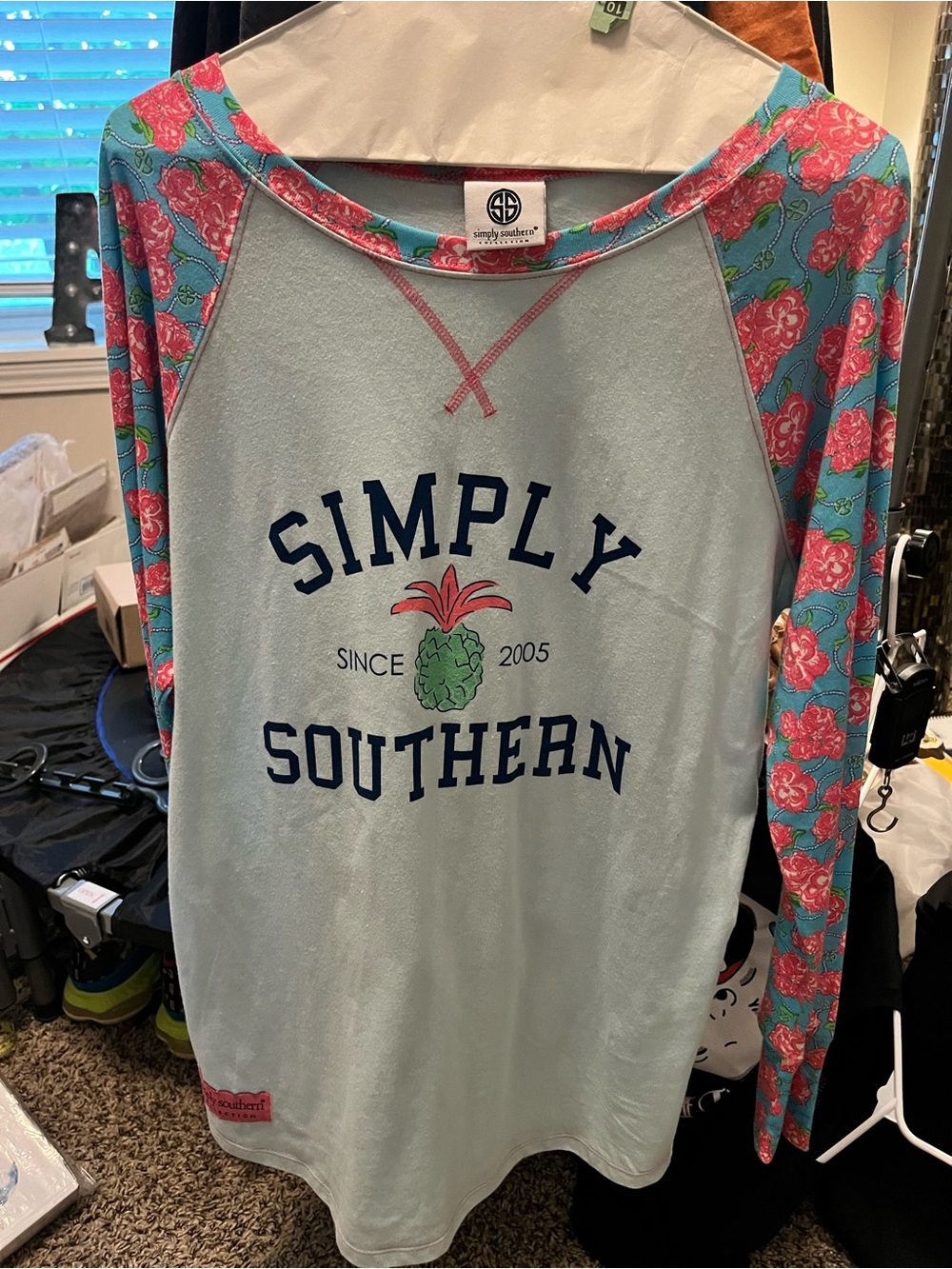 Simply Southern Light Blue Long Sleeve Tee with Pink Floral Sleeves NWOT